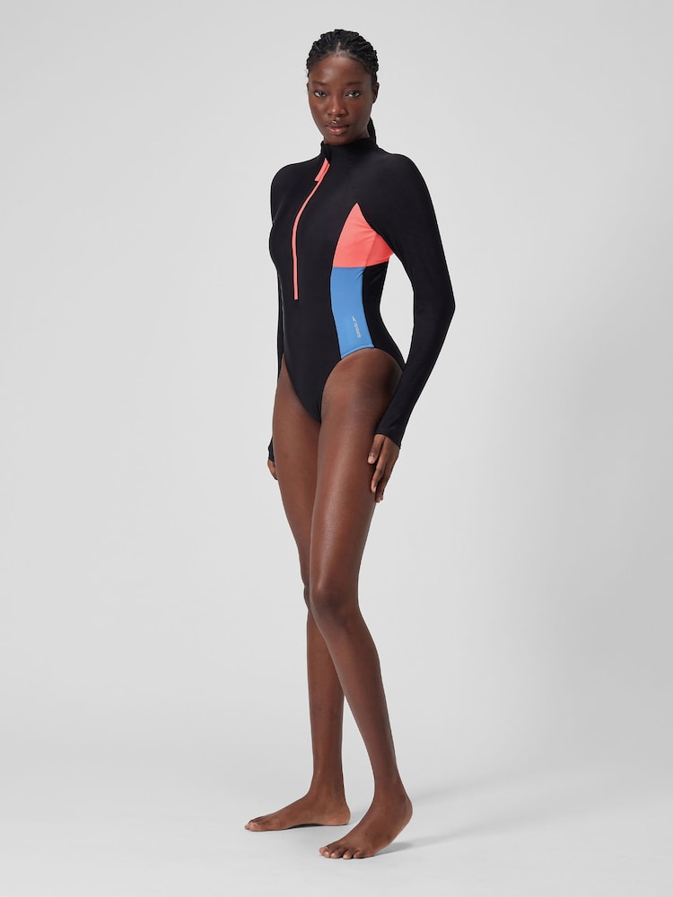 Speedo Grey 8-004033 Long Sleeve Zip Colorblock Swimsuit - Image 1 of 6