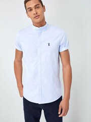 Blue Stretch Oxford Short Sleeve Shirt With Grandad Collar - Image 1 of 4