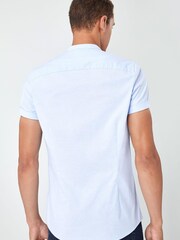 Blue Stretch Oxford Short Sleeve Shirt With Grandad Collar - Image 2 of 4