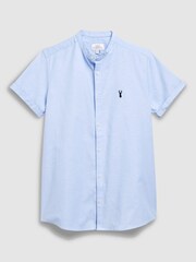 Blue Stretch Oxford Short Sleeve Shirt With Grandad Collar - Image 4 of 4