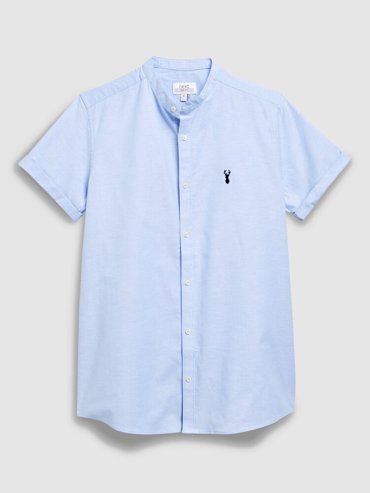 Blue Stretch Oxford Short Sleeve Shirt With Grandad Collar - Image 4 of 4
