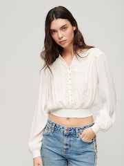 SUPERDRY Cream Long Sleeve Lace Trim Smocked Blouse - Image 1 of 6