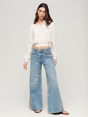 SUPERDRY Cream Long Sleeve Lace Trim Smocked Blouse - Image 2 of 6