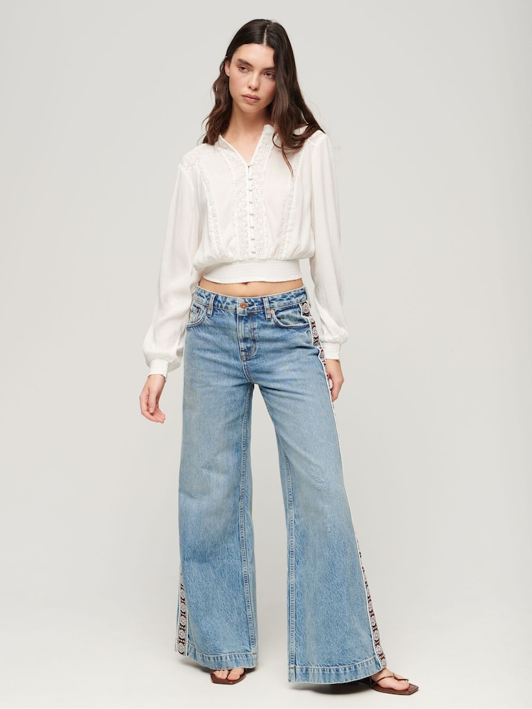 SUPERDRY Cream Long Sleeve Lace Trim Smocked Blouse - Image 2 of 6