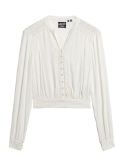 SUPERDRY Cream Long Sleeve Lace Trim Smocked Blouse - Image 6 of 6