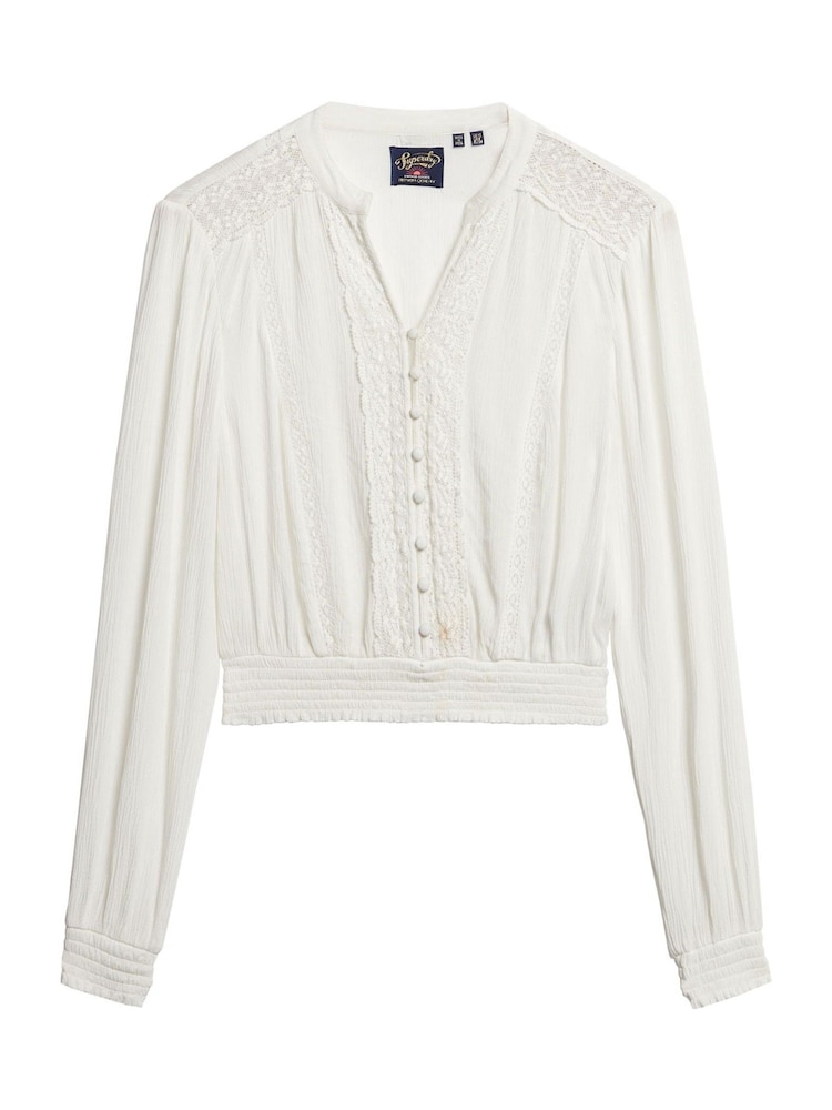 SUPERDRY Cream Long Sleeve Lace Trim Smocked Blouse - Image 6 of 6