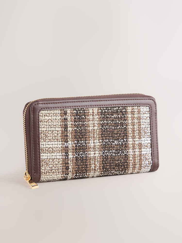 Chocolate Brown Check Large Zip Purse - Image 1 of 5 Chocolate Brown Check Large Zip Purse - Image 1 of 5