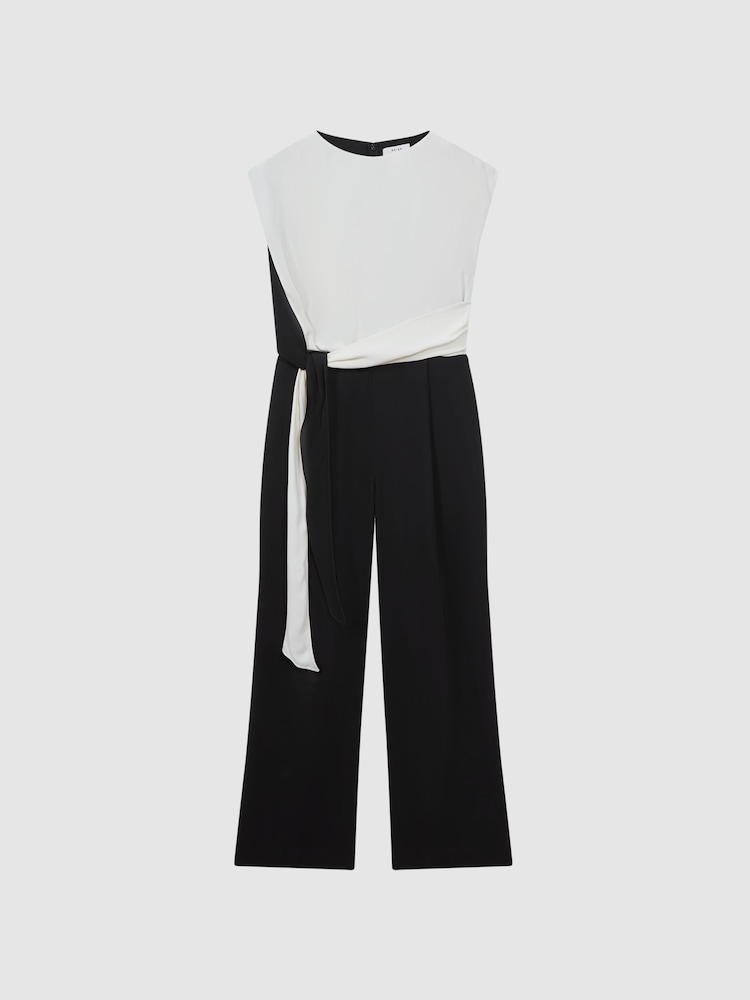 Reiss Black/Cream Alba Fitted Colourblock Wide Leg Jumpsuit - Image 2 of 5