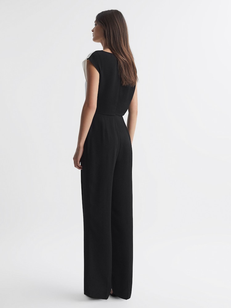 Reiss Black/Cream Alba Fitted Colourblock Wide Leg Jumpsuit - Image 5 of 5