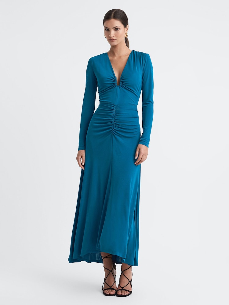 Reiss – Midikleid mit tiefem Ausschnitt und Raffung - Bild 1 von 4 Reiss – Midikleid mit tiefem Ausschnitt und Raffung - Bild 1 von 4