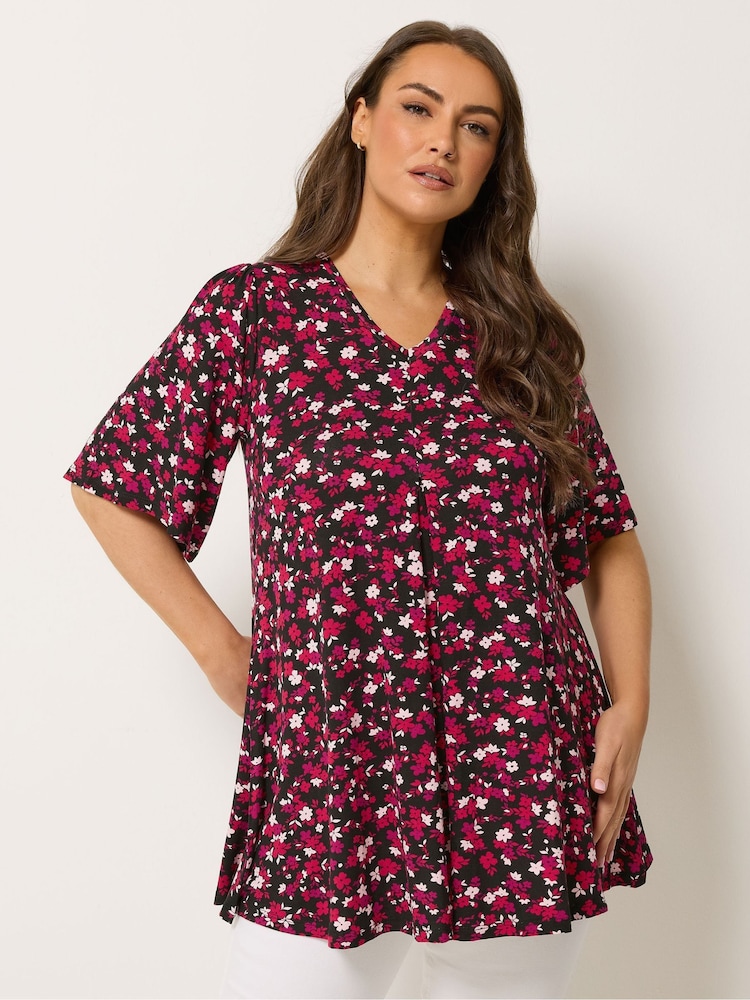 Yours Curve Black/Red Pleated Front Swing Top - Image 1 of 5 Yours Curve Black/Red Pleated Front Swing Top - Image 1 of 5