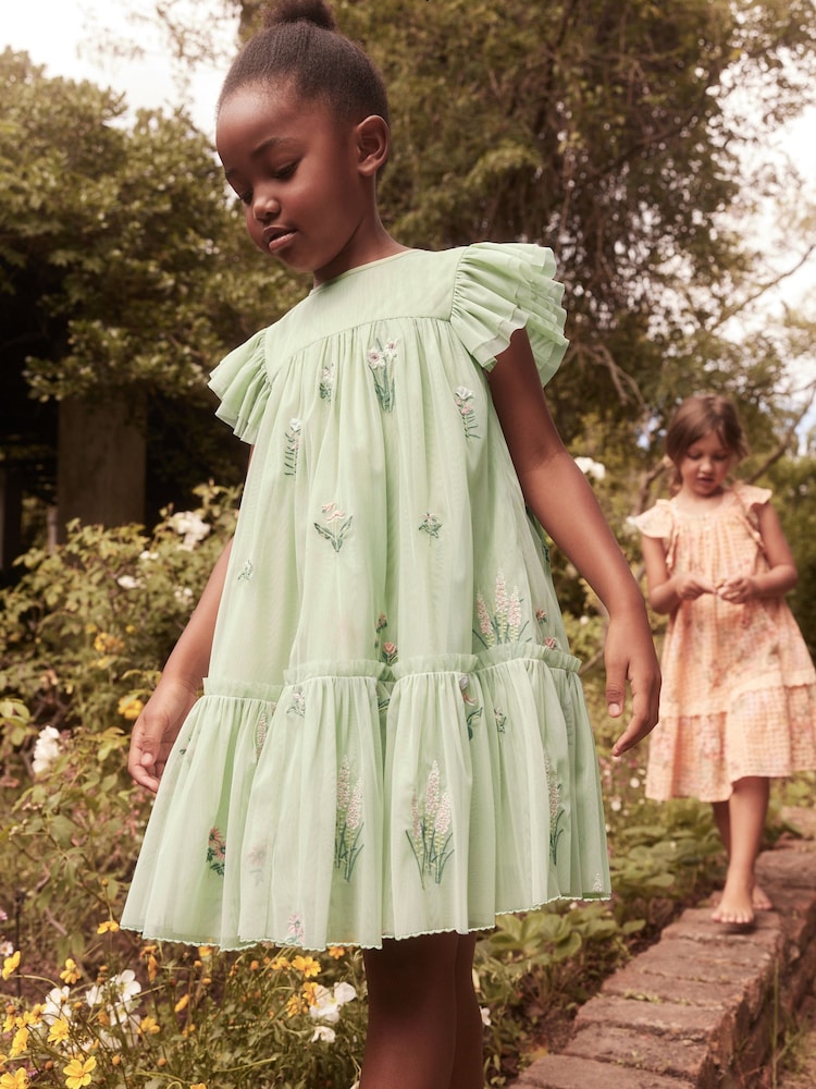 Laura Ashley Green Embroidery Floral Mesh Dress - Image 1 of 10