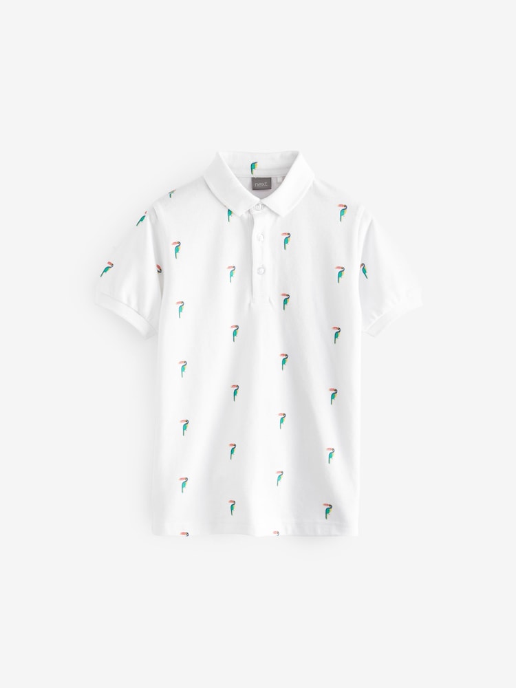 White Toucan All-Over Print Short Sleeve 100% Cotton Polo Top (3-16yrs) - Image 1 of 3