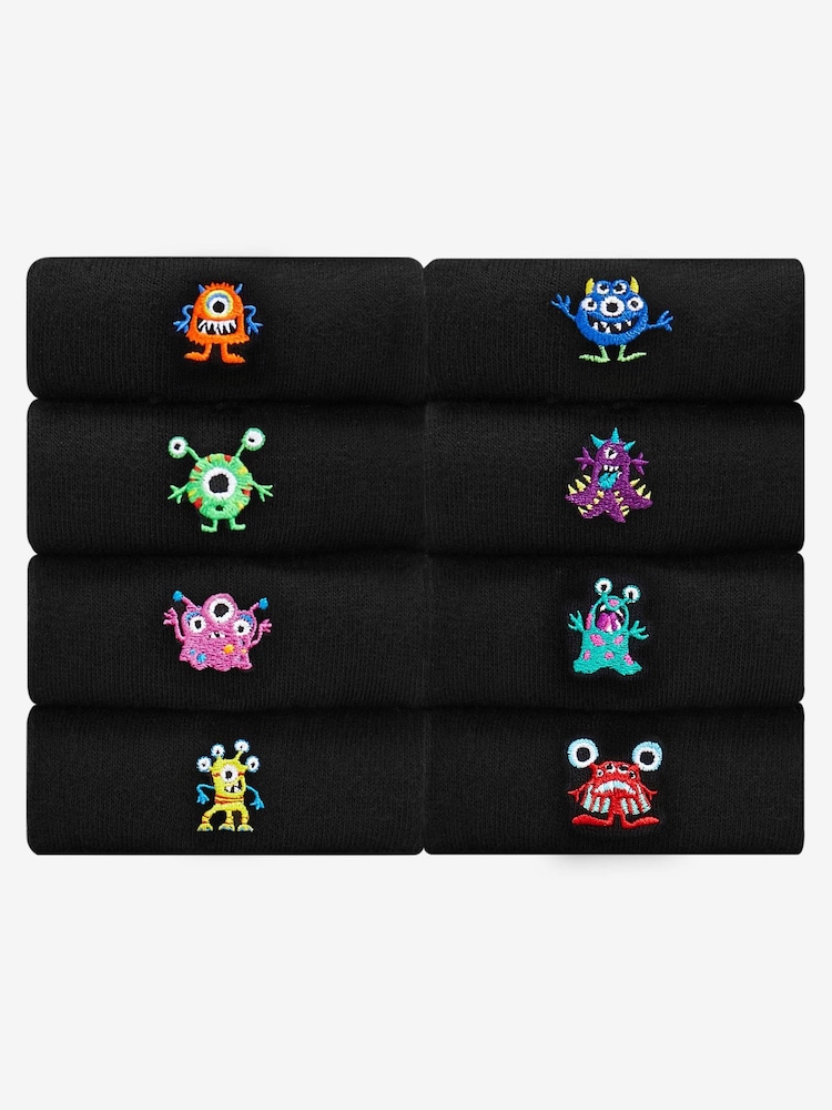 Black Bright Monster Fun Black Embroidered Socks 8 Pack - Image 1 of 8