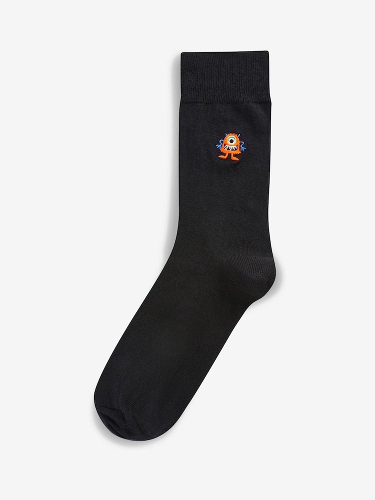 Black Bright Monster Fun Black Embroidered Socks 8 Pack - Image 2 of 8