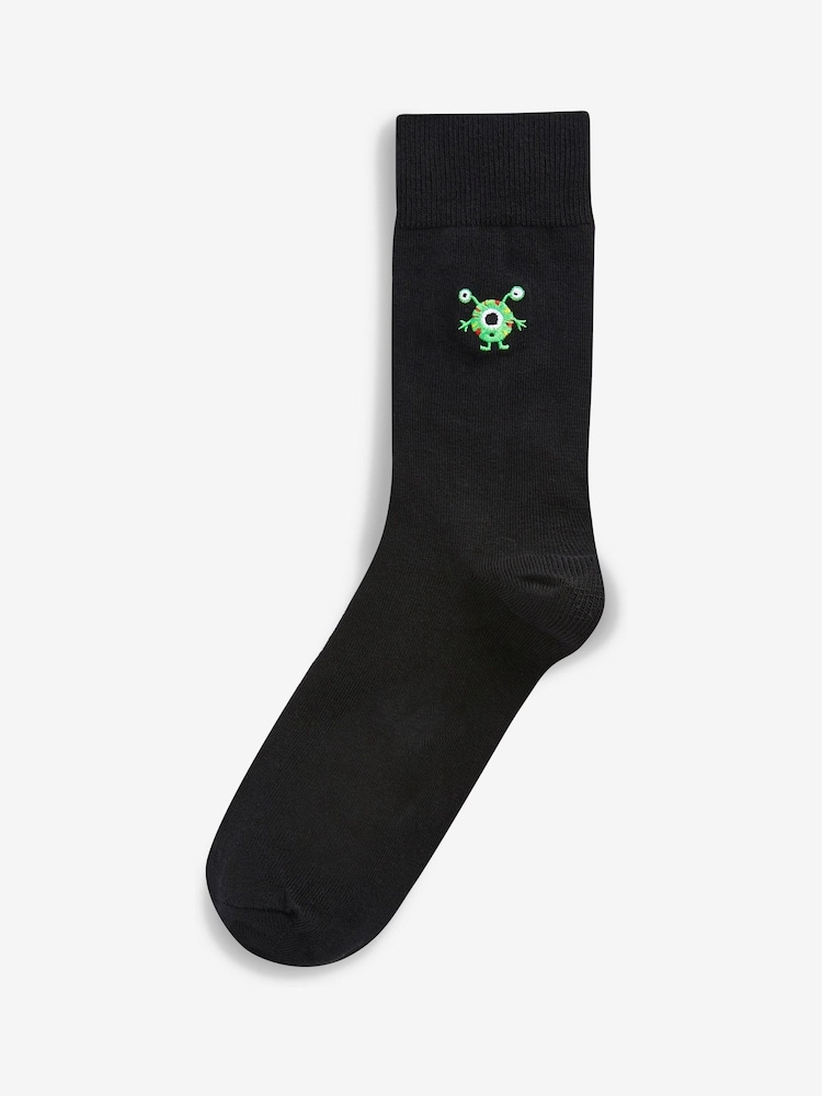 Black Bright Monster Fun Black Embroidered Socks 8 Pack - Image 3 of 8