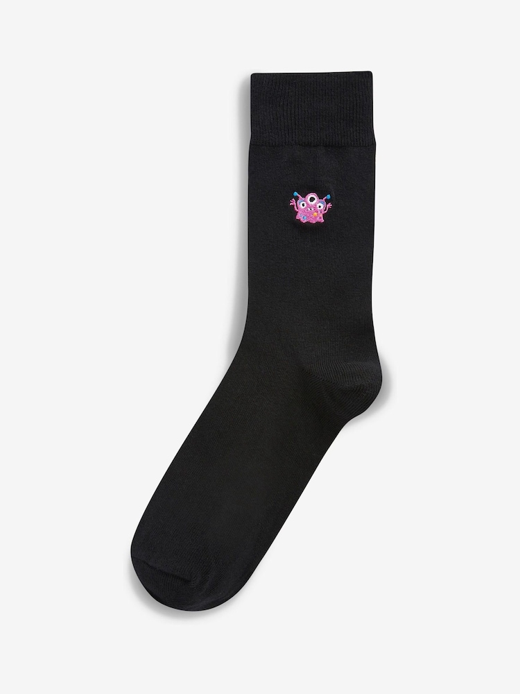 Black Bright Monster Fun Black Embroidered Socks 8 Pack - Image 4 of 8