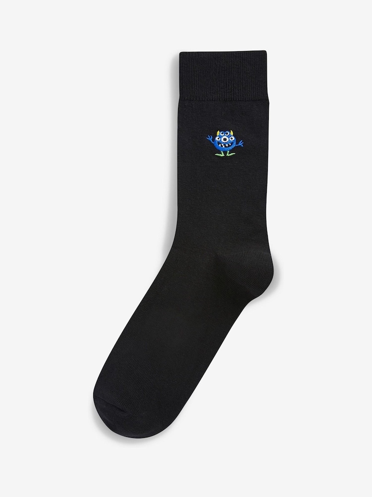 Black Bright Monster Fun Black Embroidered Socks 8 Pack - Image 6 of 8