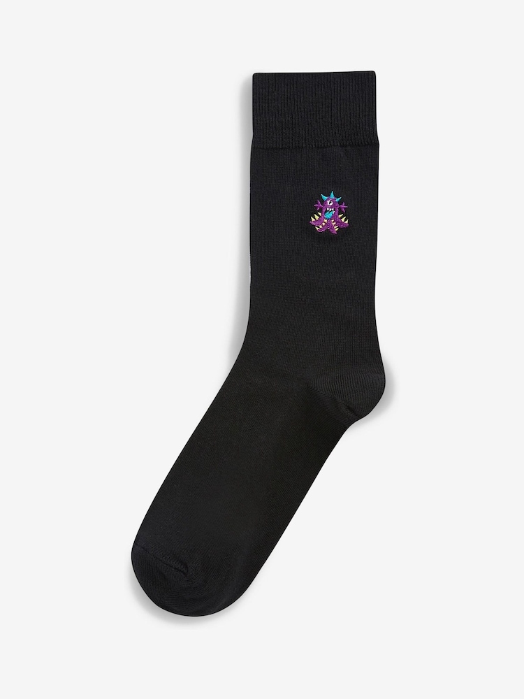 Black Bright Monster Fun Black Embroidered Socks 8 Pack - Image 7 of 8