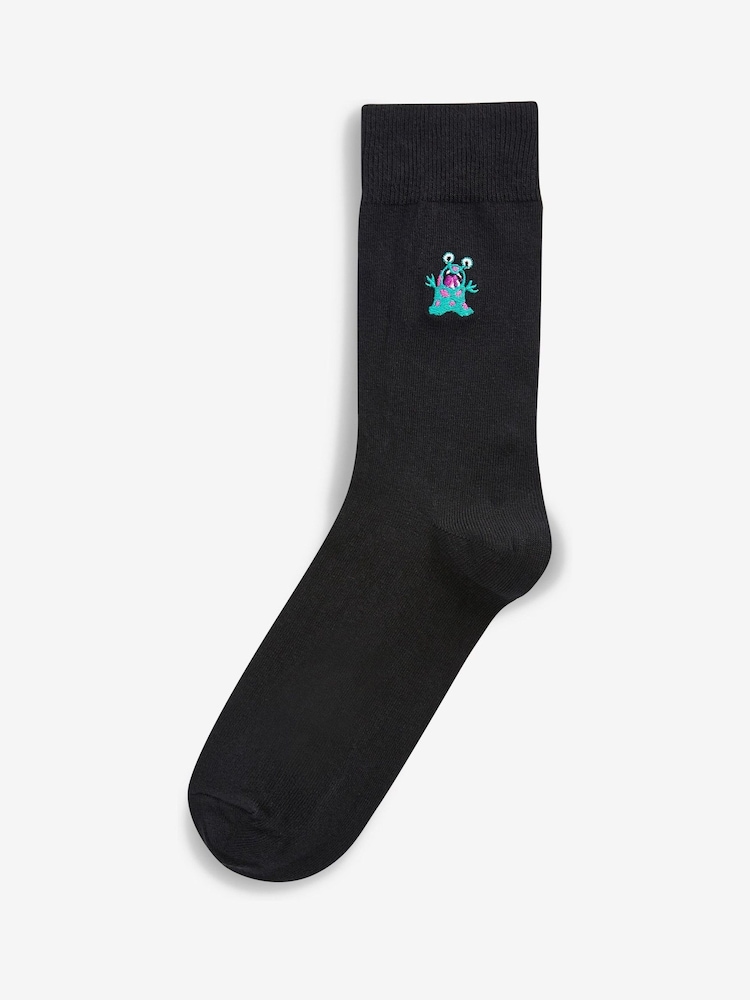Black Bright Monster Fun Black Embroidered Socks 8 Pack - Image 8 of 8