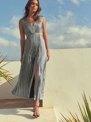 Silver Metallic Satin Pleat Dress - Image 2 of 8