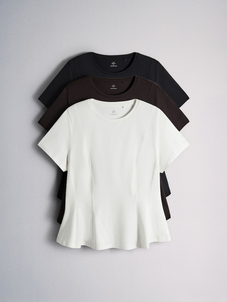 The Set 3 Pack Peplum T-Shirts Black/Brown/White - Image 1 of 6