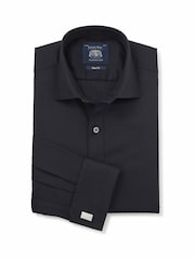 Savile Row Company Black Slim Fit Cotton Herringbone Double Cuff Formal Shirt - Image 1 of 3