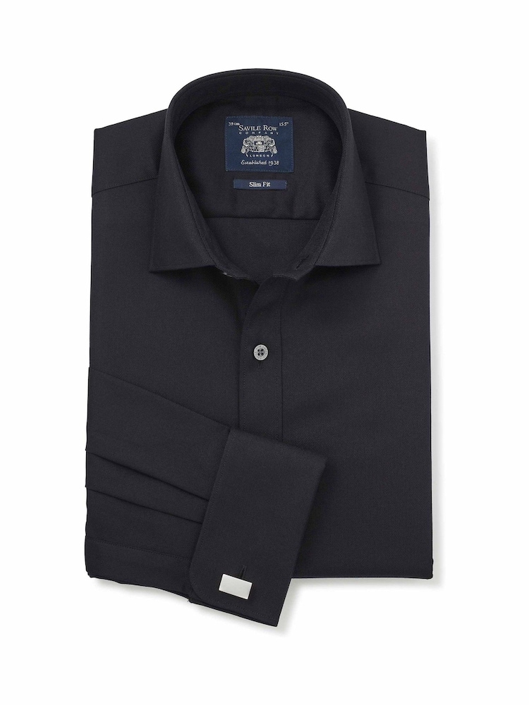 Savile Row Company Black Slim Fit Cotton Herringbone Double Cuff Formal Shirt - Image 1 of 3 Savile Row Company Black Slim Fit Cotton Herringbone Double Cuff Formal Shirt - Image 1 of 3