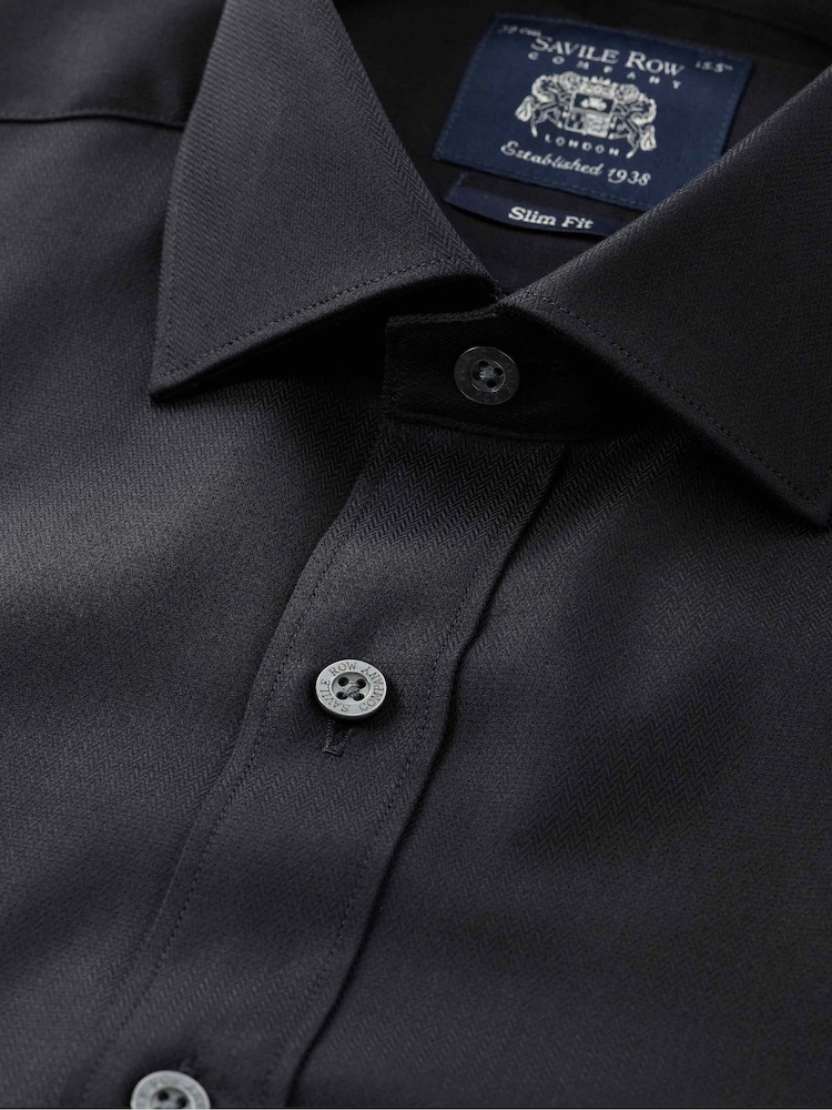 Savile Row Company Black Slim Fit Cotton Herringbone Double Cuff Formal Shirt - Image 2 of 3 Savile Row Company Black Slim Fit Cotton Herringbone Double Cuff Formal Shirt - Image 2 of 3