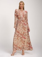 Jolie Moi Orange Long Sleeve Chiffon Ruffle Maxi Dress - Image 1 of 6