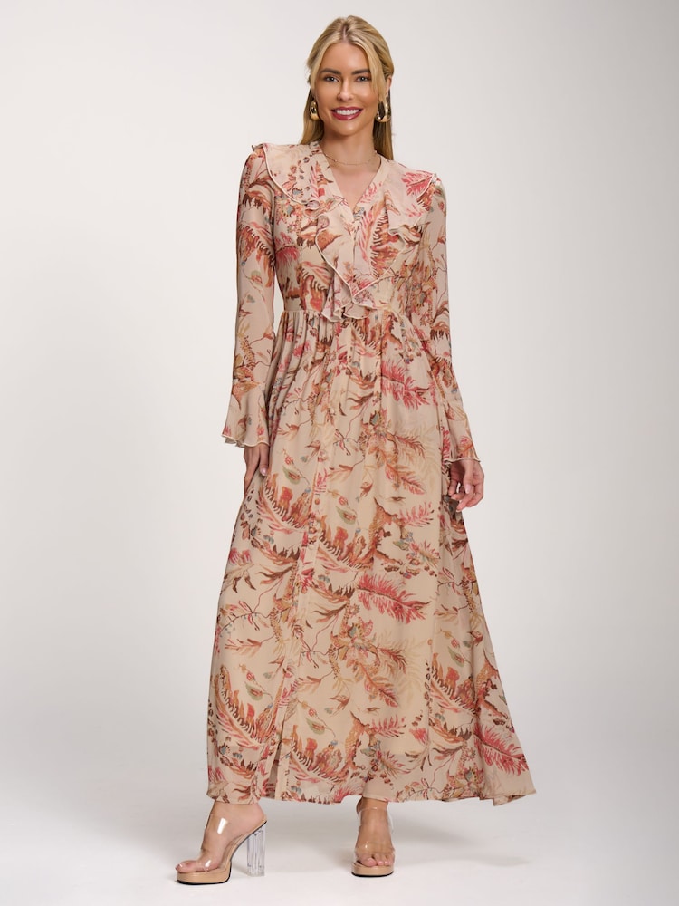 Jolie Moi Orange Long Sleeve Chiffon Ruffle Maxi Dress - Image 1 of 6 Jolie Moi Orange Long Sleeve Chiffon Ruffle Maxi Dress - Image 1 of 6