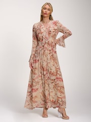 Jolie Moi Orange Long Sleeve Chiffon Ruffle Maxi Dress - Image 2 of 6