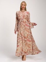 Jolie Moi Orange Long Sleeve Chiffon Ruffle Maxi Dress - Image 4 of 6