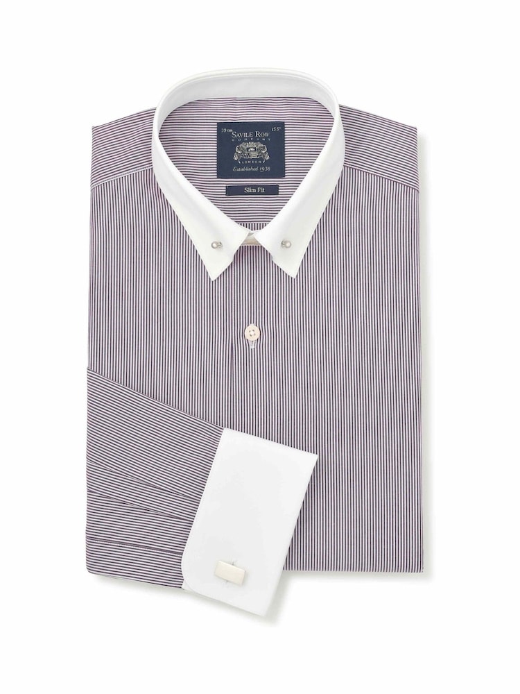 Savile Row Company Purple Slim Fit Striped Cotton Poplin Pin Collar Double Cuff Formal Shirt - Image 1 of 3