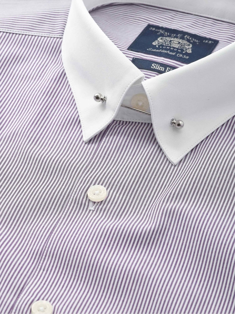 Savile Row Company Purple Slim Fit Striped Cotton Poplin Pin Collar Double Cuff Formal Shirt - Image 2 of 3