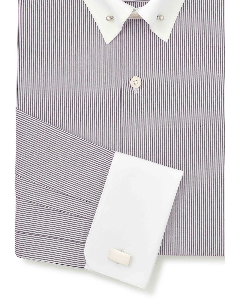 Savile Row Company Purple Slim Fit Striped Cotton Poplin Pin Collar Double Cuff Formal Shirt - Image 3 of 3