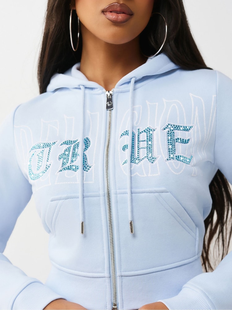 True Religion Blue Embroidered Shrunkn Zip Hoodie - Image 2 of 4