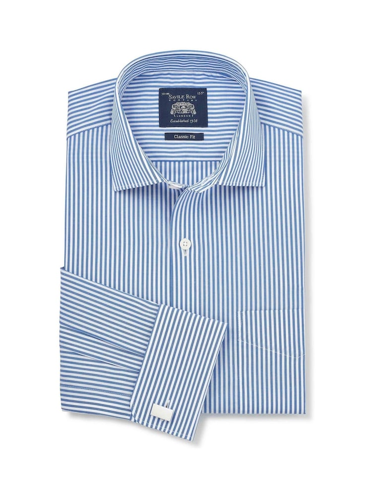 Savile Row Company Blue Classic Fit Striped Cotton Poplin Double Cuff Formal Shirt - Image 1 of 3