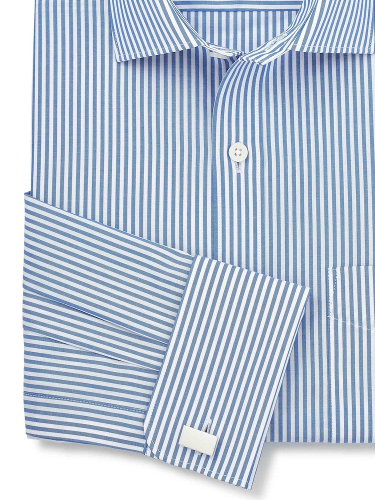 Savile Row Company Blue Classic Fit Striped Cotton Poplin Double Cuff Formal Shirt - Image 3 of 3