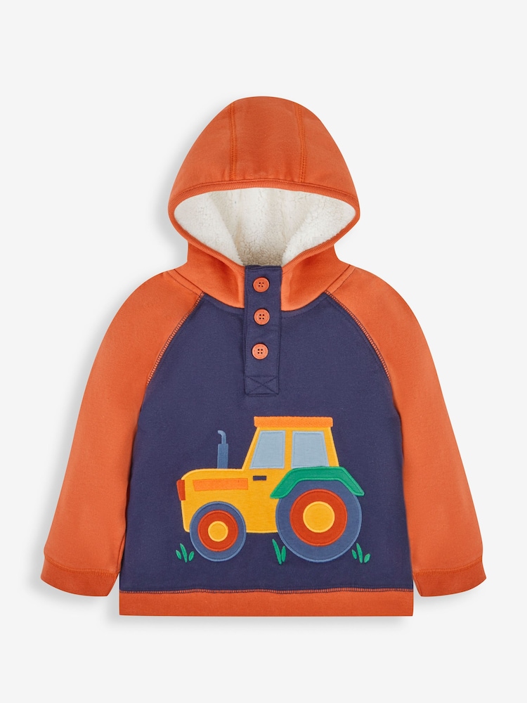 JoJo Maman Bébé Navy Blue Tractor Boys' Appliqué Novelty Hoodie - Image 1 of 3