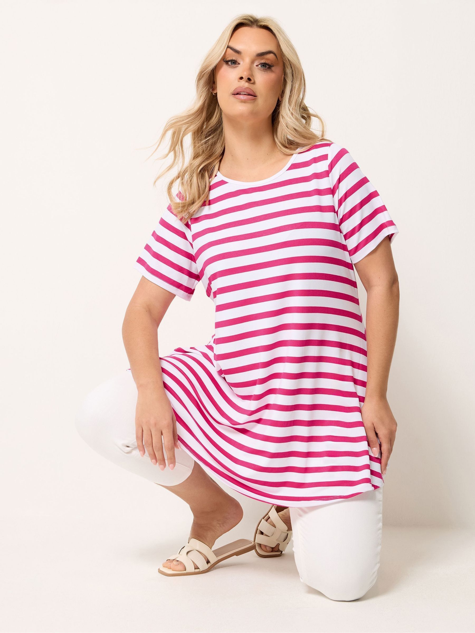 Yours Curve Women's Pink Stripe Ribbed Swing Top