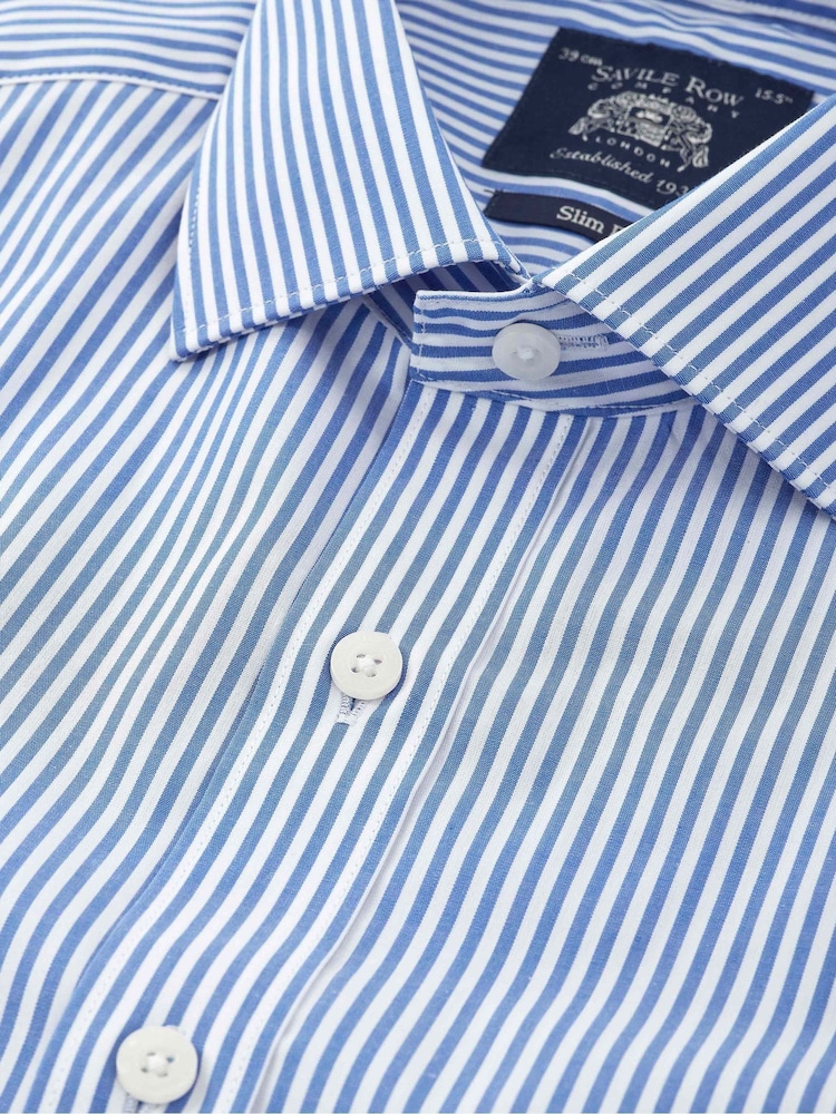 Blå - Savile Row Company Randig Smal passform Bomull Poplin Dubbel Manschett Formell Skjorta - Bild 2 av 3