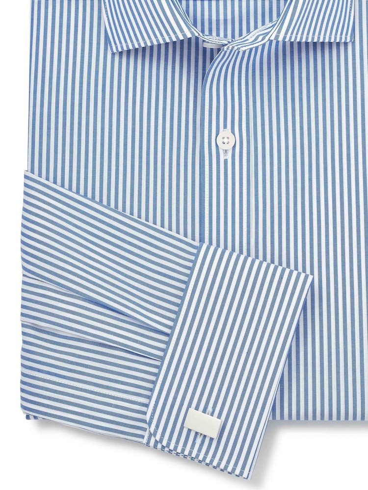 Blå - Savile Row Company Randig Smal passform Bomull Poplin Dubbel Manschett Formell Skjorta - Bild 3 av 3