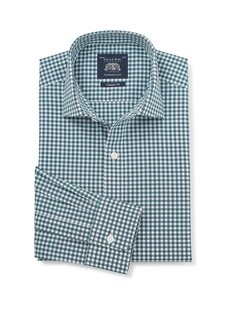 Savile Row Company Blue Classic Fit Gingham Check Cotton Poplin Single Cuff Formal Shirt - Image 1 of 3