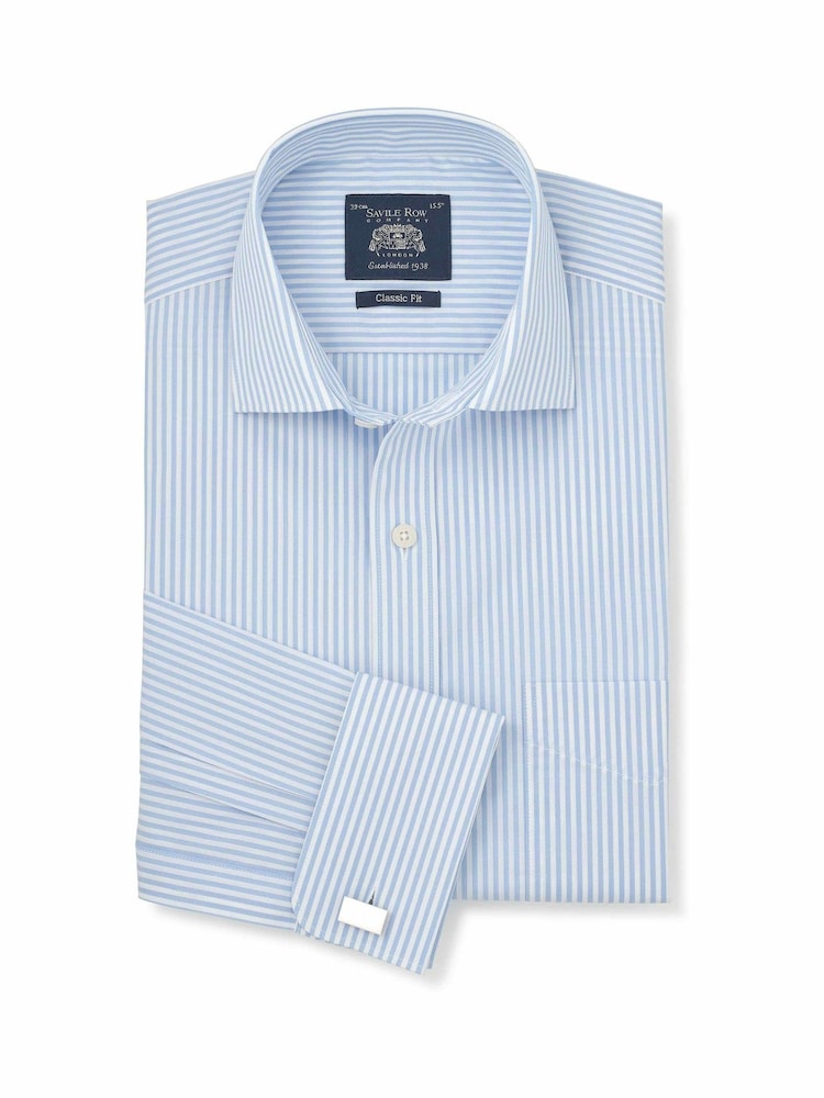 Savile Row Company Sky Blue Classic Fit Striped Cotton Poplin Double Cuff Formal Shirt - Image 1 of 3