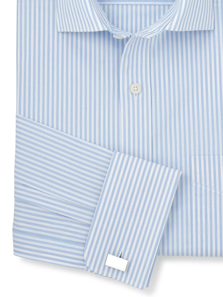 Savile Row Company Sky Blue Classic Fit Striped Cotton Poplin Double Cuff Formal Shirt - Image 2 of 3
