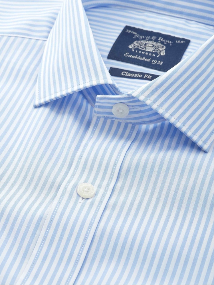 Savile Row Company Sky Blue Classic Fit Striped Cotton Poplin Double Cuff Formal Shirt - Image 3 of 3