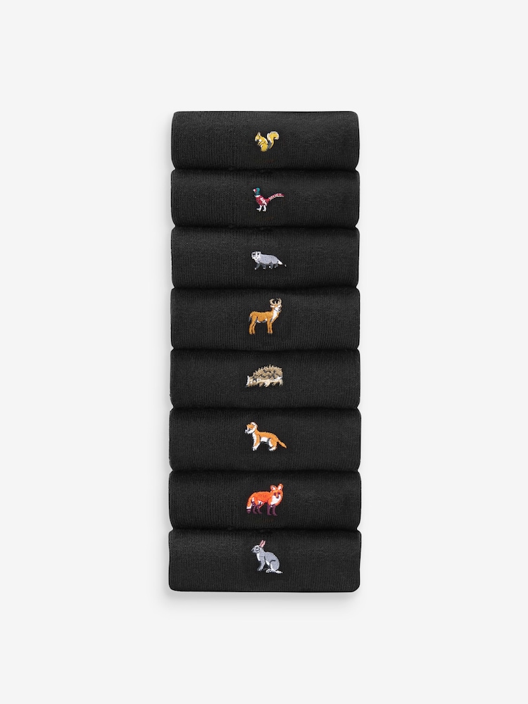 Schwarz/Waldtiere - Socken mit origineller Stickerei, 8er-Pack - Bild 1 von 9