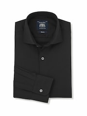 Melns - Savile Row Company Slim Fit Stretch Cotton Herringbone Single Cuff Formal Shirt - Attēls 1 no 3