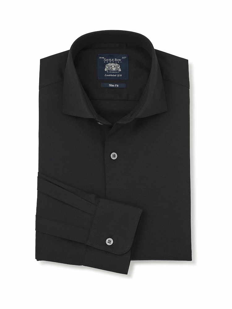 Melns - Savile Row Company Slim Fit Stretch Cotton Herringbone Single Cuff Formal Shirt - Attēls 1 no 3